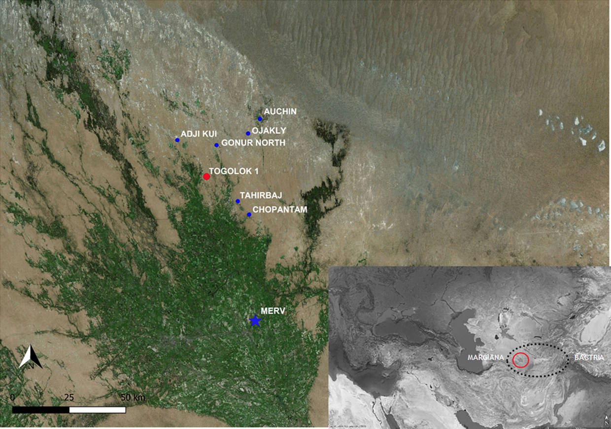 Landsat 8 satellite photo with the indication of the main archaeological sites in the alluvial fan area of ​​the Murghab River