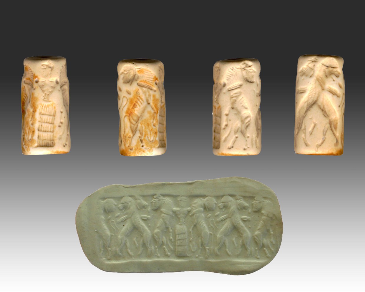 White-stone cylindrical seal, depicting a human figure defending two bull-men attacked by two lions. Local reworking of a scene, typical of Mesopotamian glyptic.