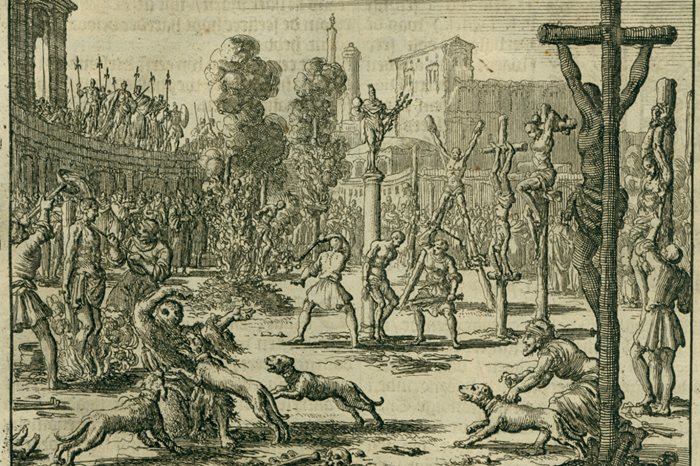 Acquaforte di Jan Luyken raffigurante la Persecuzione degli imperatori Diocleziano e Massimiano, nell'anno 301 (Eeghen 686) - Pubblico dominio