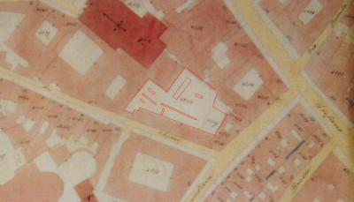 Particolare della mappa catastale del 1873 sulla quala sono state posizionate le arree dei saggi di scavo condotti nelgli anni 1999 e 2000
