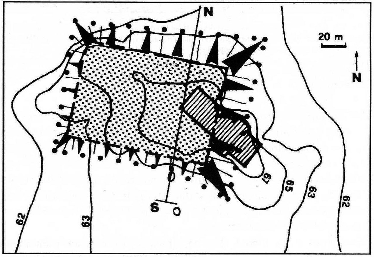 Disegno che illustra il tentativo di ricostruzione paleomorfologica del colle in età romana e, in particolare, l'ubicazione di un grande podio, proposta per quell'epoca