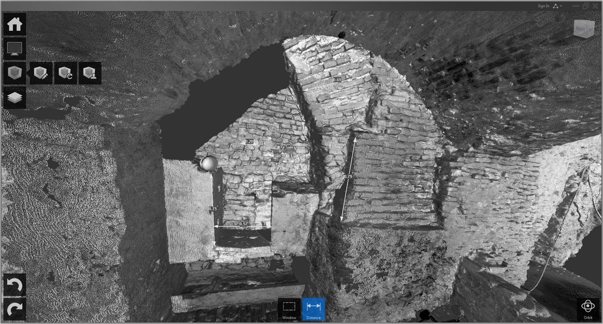 Immagine che ritrae la ripresa 3D, condotta con un laser scanner Faro 3D MS120, della struttura muraria musealizzata nel seminterrato di San Giovanni in Monte