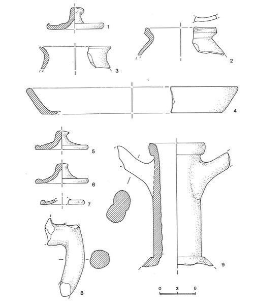 Disegni dei materiali ceramici ritrovati nel corso degli scavi nel cortile della Palma, e cioè, ad esempio, frammenti di anfore e di ceramica depurata