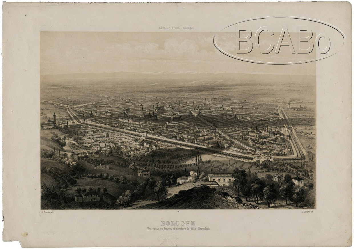 Stampa che ritrae una veduta di Bologna nell'Ottocento