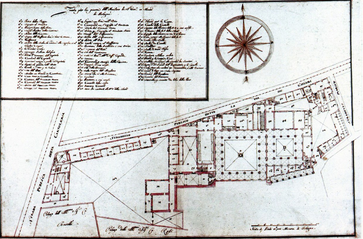 Riproduzione di un disegno del 1704 che raffigura la planimetria generale del pianoi terra di San Giovanni in Monte