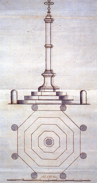 Disegno che raffigura la colonna votiva che si trovava al centro della piazzetta di San Giovanni in Monte