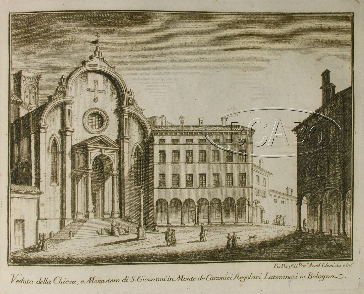 Riproduzione della veduta della chiesa e del monastero di San Giovanni in Monte nel Settecento, incisa da Pio Panfili